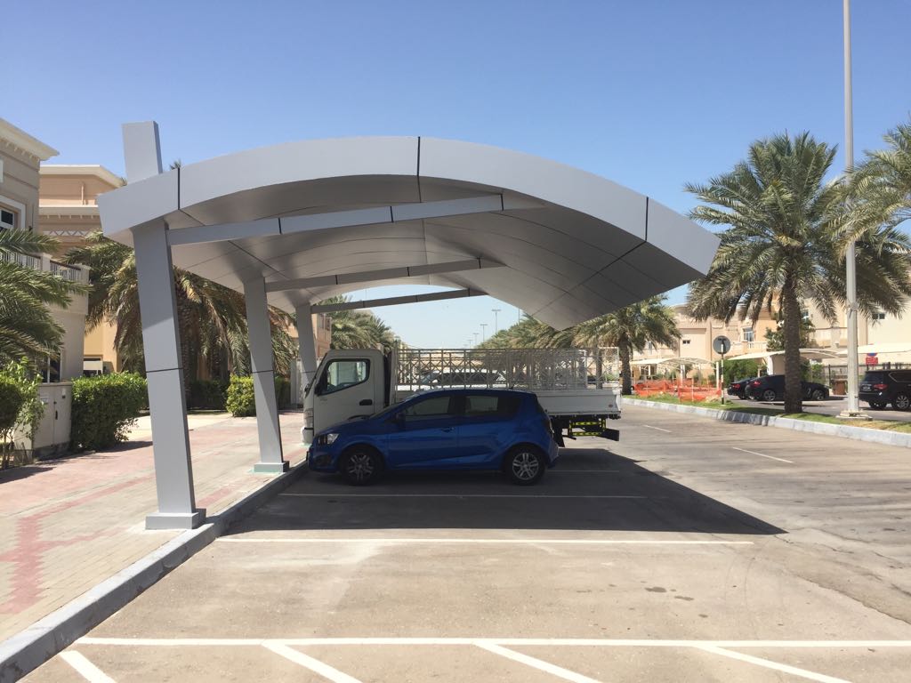 Completed curved architectural metal entrance canopy